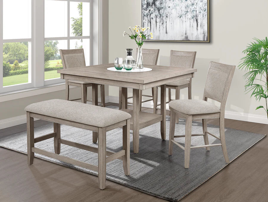 Fulton White Oak Counter Height Dining Set with Faux Marble Lazy Susan, Chairs & Bench