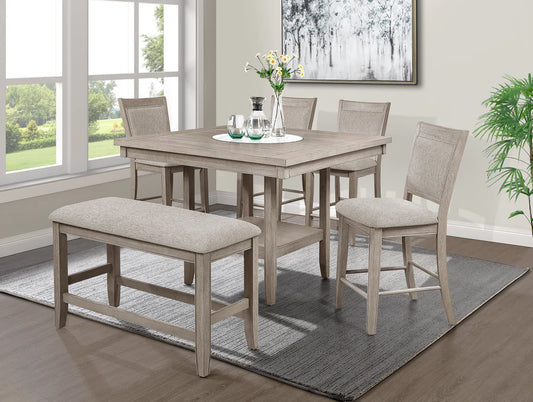 Fulton White Oak Counter Height Dining Set with Faux Marble Lazy Susan, Chairs & Bench