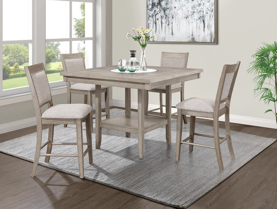 Fulton White Oak Counter Height Dining Set with Faux Marble Lazy Susan, Chairs & Bench