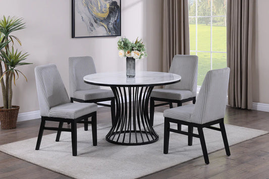 Hadley Light Grey Dining Set with Faux Marble Round Table & Upholstered Chairs | Contemporary Dining Style