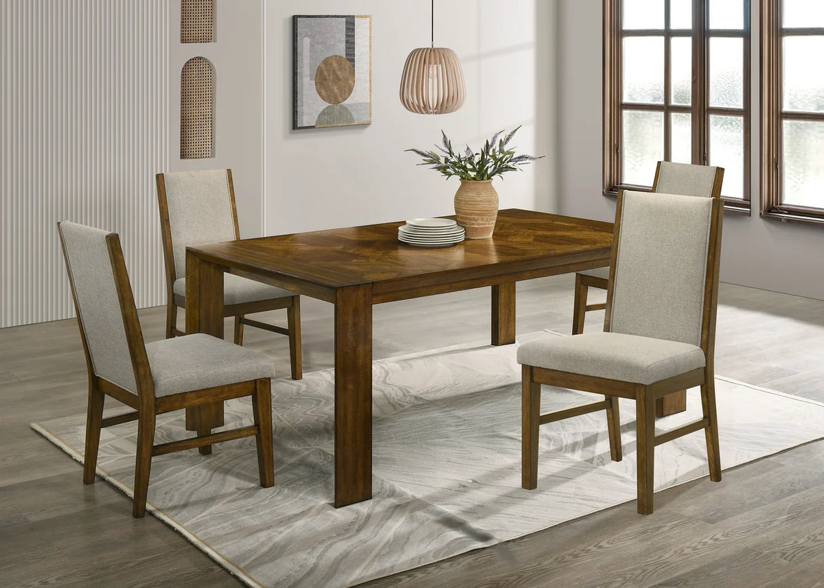 Hollister Warm Brown Dining Table Set with Upholstered Chairs & Bench