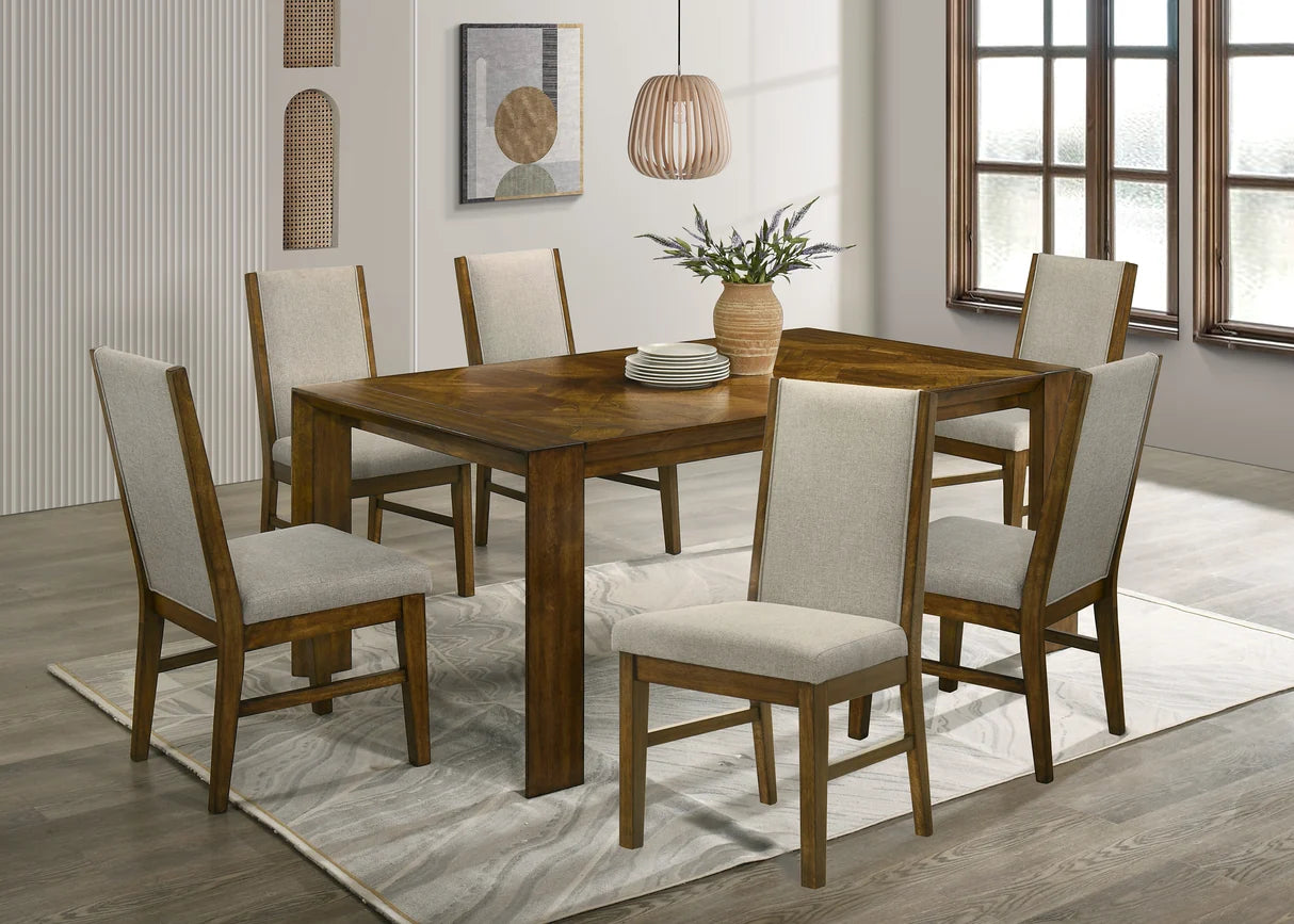 Hollister Warm Brown Dining Table Set with Upholstered Chairs & Bench