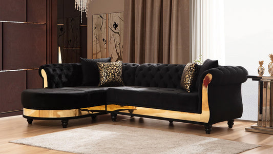 Julia Opulence tufted sectional sofa black with gold accents