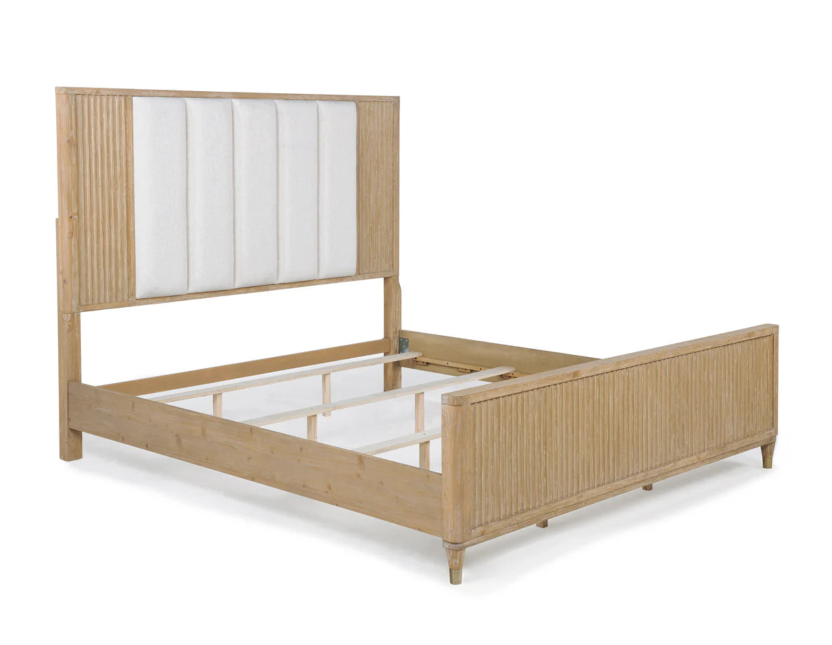 Kara Cerused Natural Upholstered Panel Bed – Modern Wood Bedroom Bed
