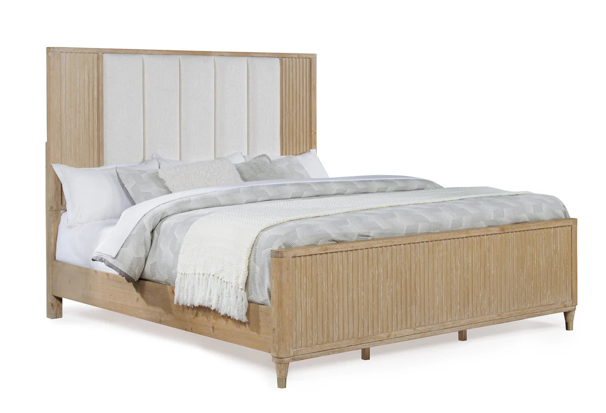 Kara cerused natural upholstered panel bed with textured wood accents and upholstered channel headboard