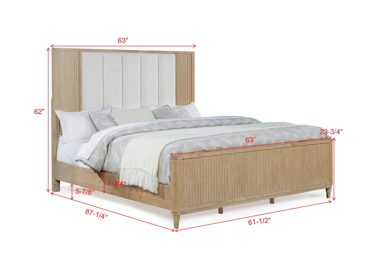 Kara Cerused Natural Upholstered Panel Bed – Modern Wood Bedroom Bed