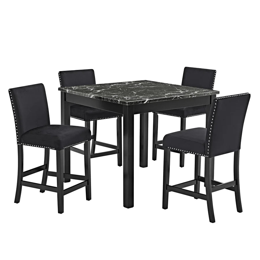 Lennon All-Black 5-Piece Counter Height Dining Set with Faux Marble Top & Velvet Chairs | Modern Glam Dining
