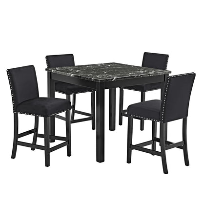 Lennon All-Black 5-Piece Counter Height Dining Set with Faux Marble Top & Velvet Chairs | Modern Glam Dining