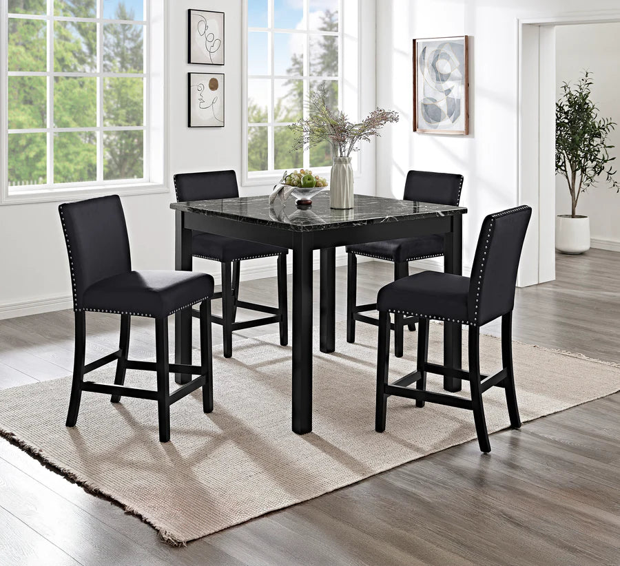 Lennon All-Black 5-Piece Counter Height Dining Set with Faux Marble Top & Velvet Chairs | Modern Glam Dining