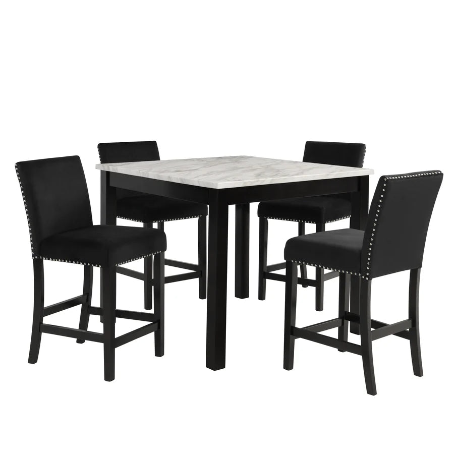 Lennon 5-Piece Counter Height Dining Set with Faux Marble Top & Black Velvet Chairs | Modern Glam Dining