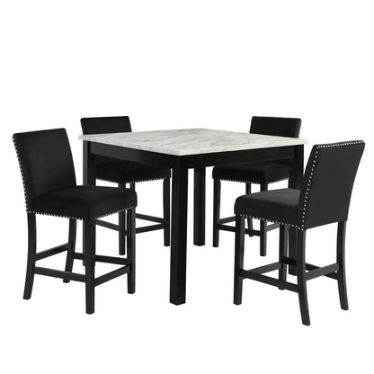 Lennon 5-Piece Counter Height Dining Set with Faux Marble Top & Black Velvet Chairs | Modern Glam Dining