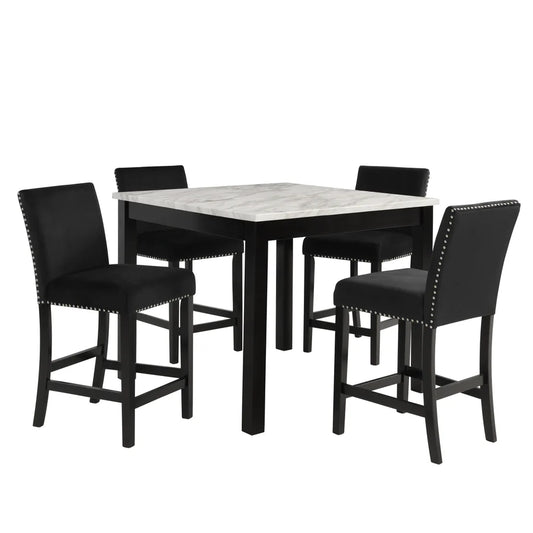 Lennon 5-Piece Counter Height Dining Set with Faux Marble Top & Black Velvet Chairs | Modern Glam Dining