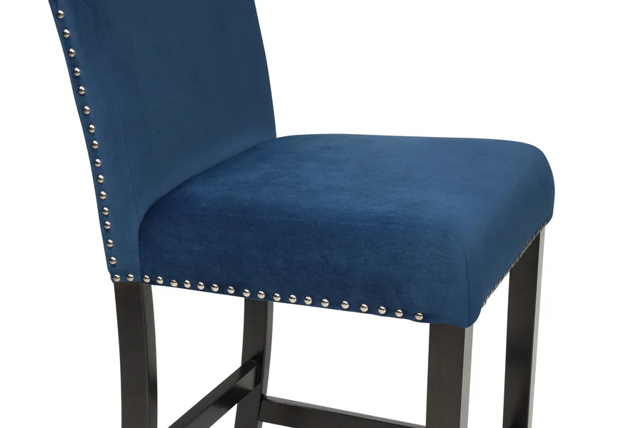 Lennon Royal Blue 5-Piece Counter Height Dining Set with Faux Marble Top & Velvet Chairs | Modern Glam Dining