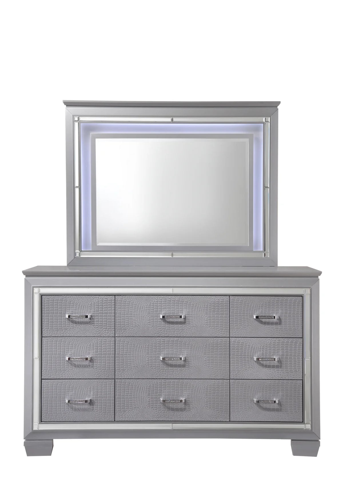 Lillian Silver Upholstered Bedroom Set with LED Headboard