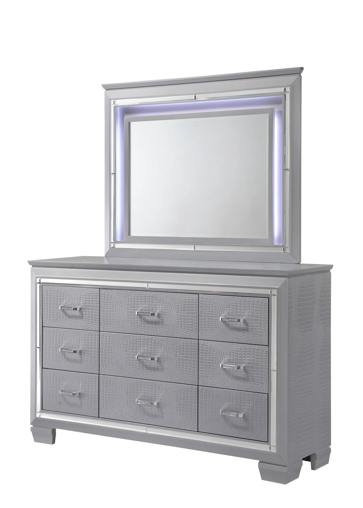 Lillian Silver Upholstered Bedroom Set with LED Headboard