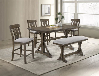 Dining room set with wooden table, chairs, and bench on a light wood floor.