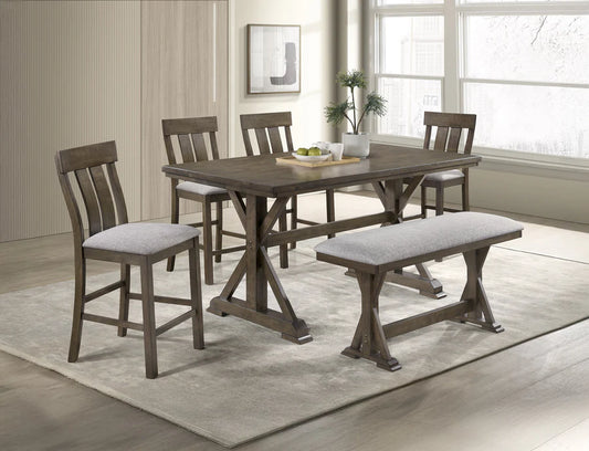 Dining room set with wooden table, chairs, and bench on a light wood floor.