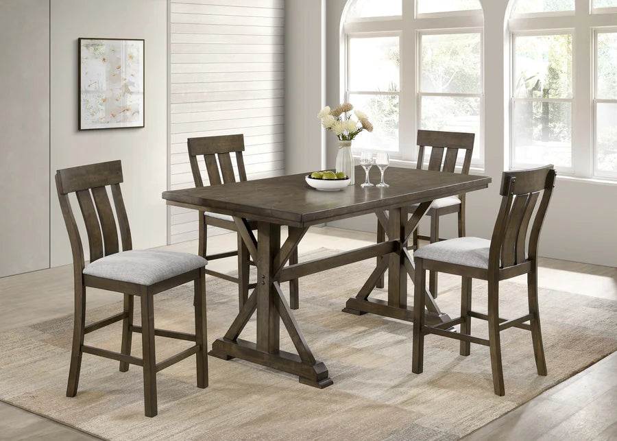 Dining room with a wooden table and chairs in a well-lit room.