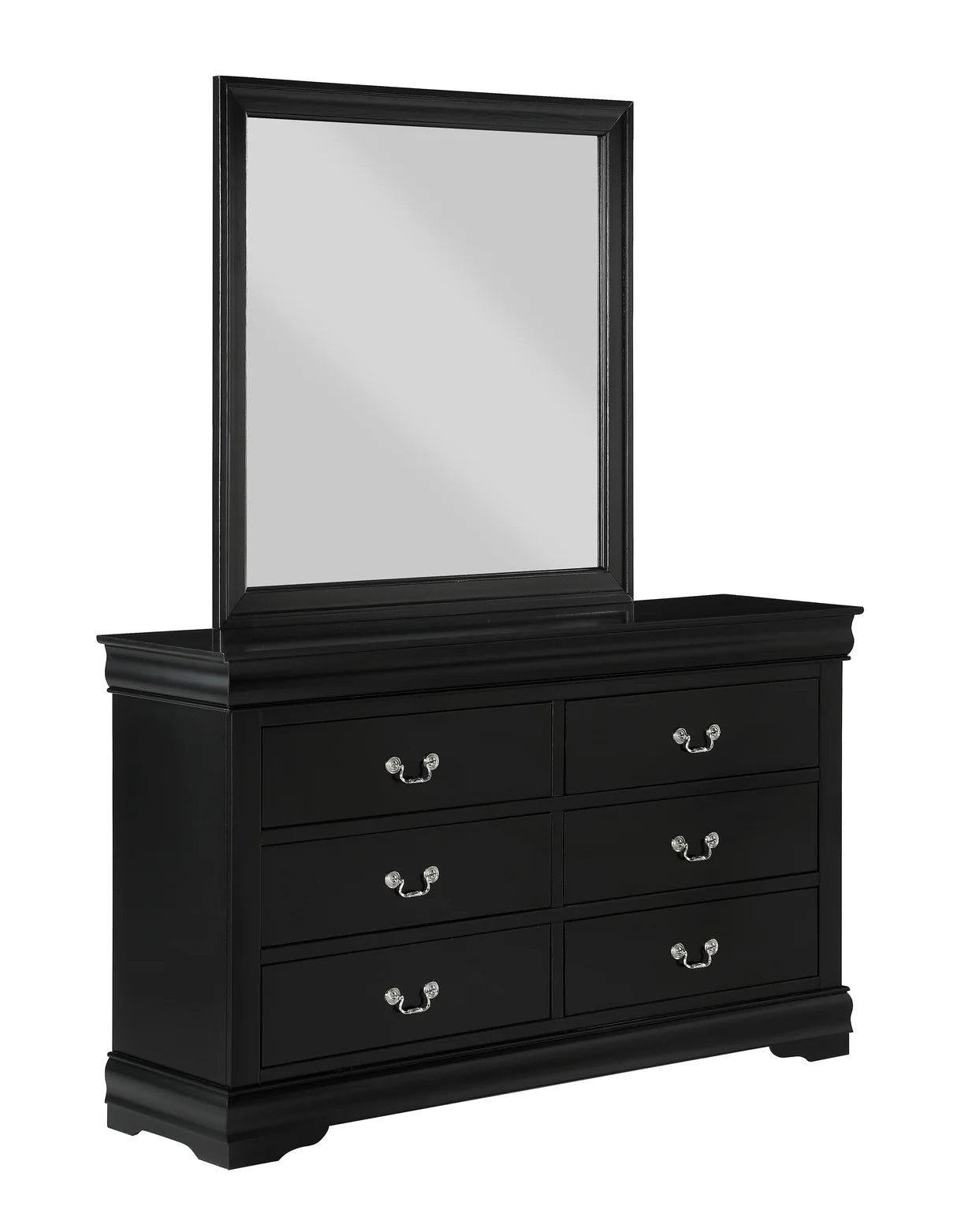 Louis Black Sleigh Bedroom Set with Dresser, Mirror, Nightstand & Chest