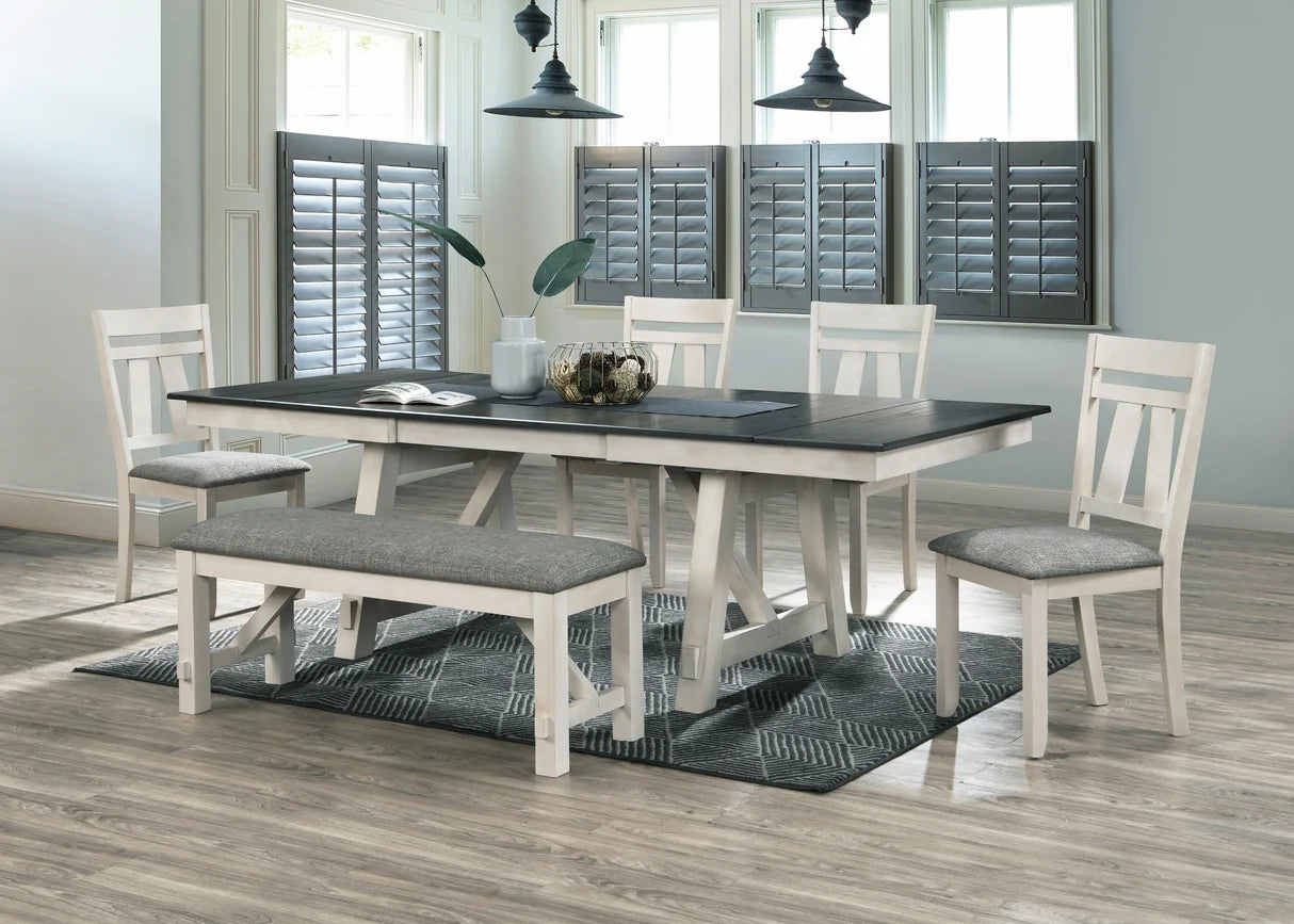 Maribelle Chalk-Grey Trestle Dining Set with Upholstered Seating