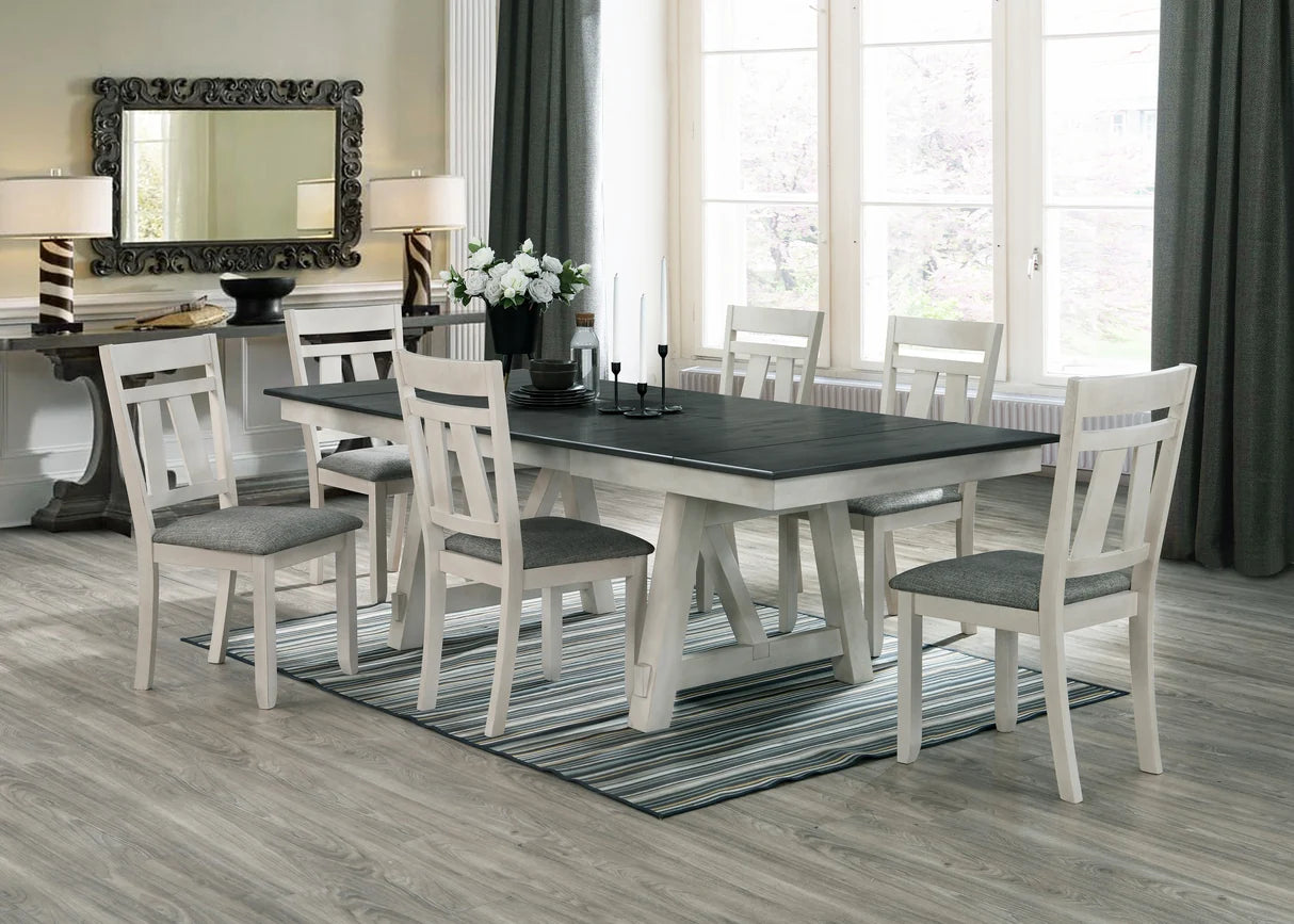 Maribelle Chalk-Grey Trestle Dining Set with Upholstered Seating