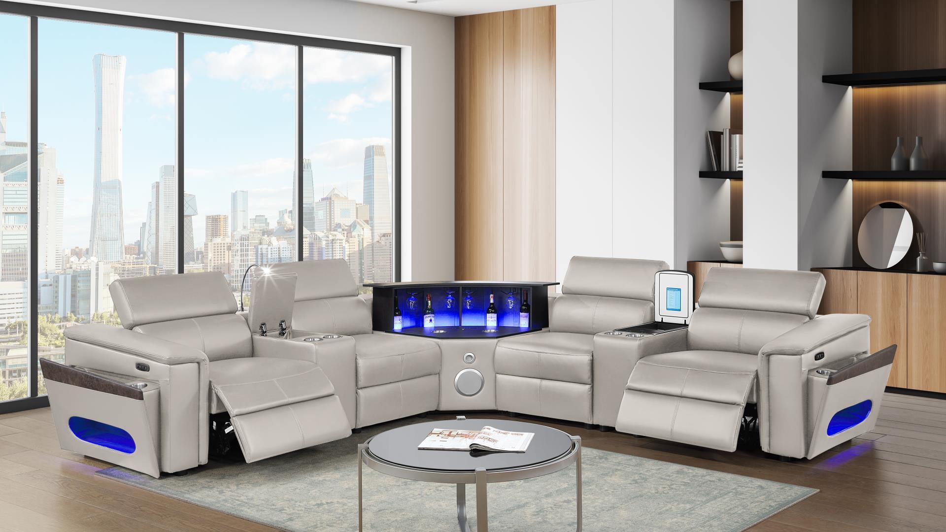 Noble Leather Power Reclining Sectional with Integrated Bar & LED Lighting