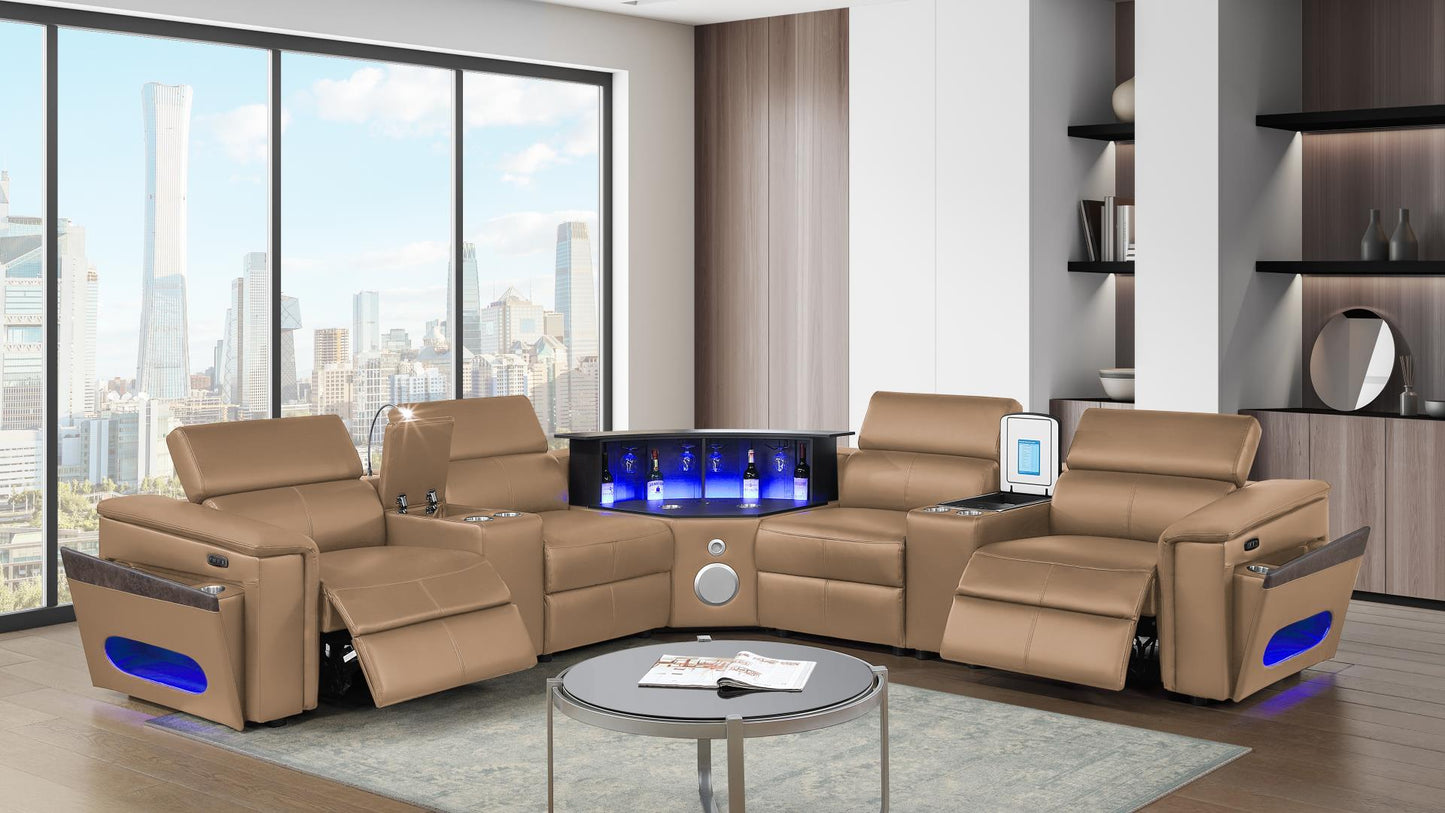 Noble Leather Power Reclining Sectional with Integrated Bar & LED Lighting