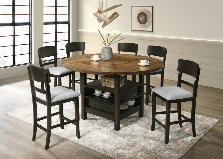Oakly Counter Height Dining Set with Drop Leaves & Lazy Susan | Two-Tone Contemporary Dining
