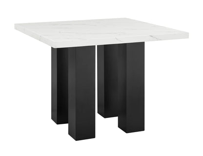 Square table with white top and black legs on a white background
