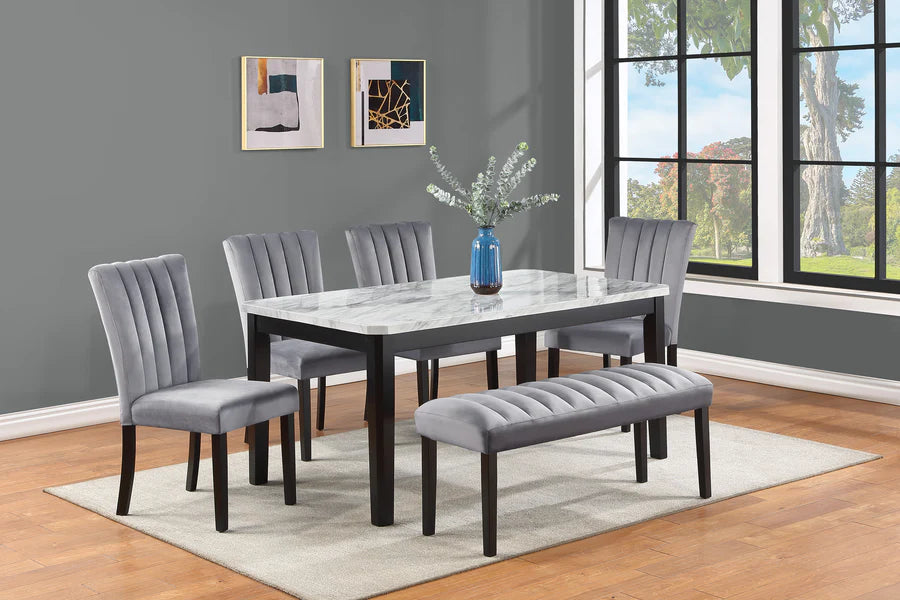 Pascal Dining Set with Faux Marble Table, Upholstered Chairs & Bench | Modern Glam Dining Collection