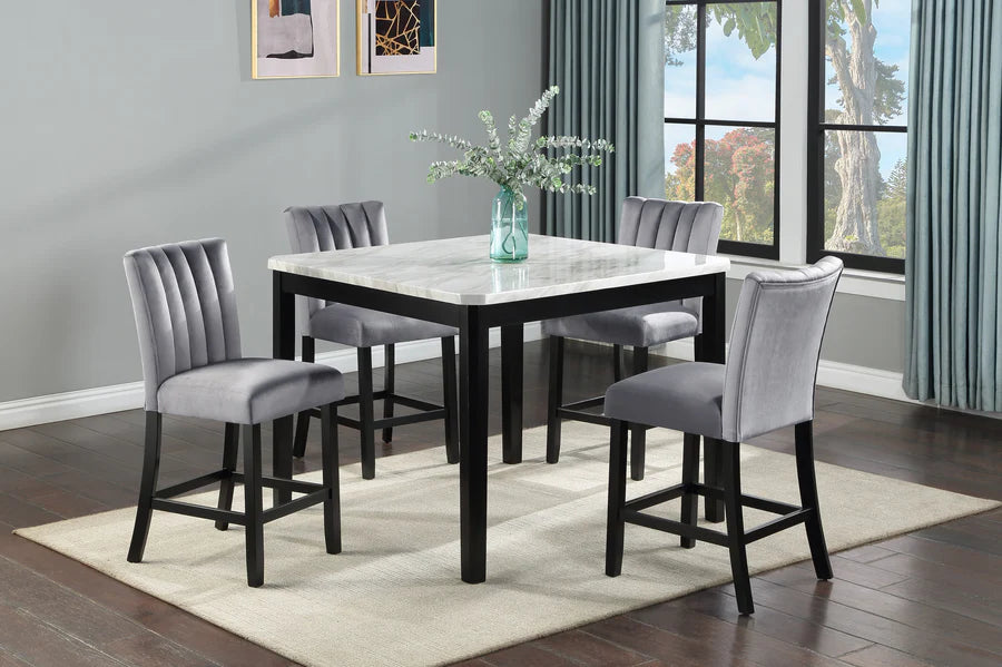 Pascal Counter Height Dining Set with Faux Marble Tabletop & Velvet Chairs | Modern Glam Dining Collection