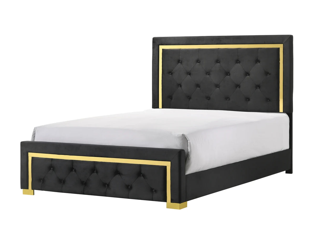 Pepe Upholstered Tufted Bed with Gold-Trimmed Frame