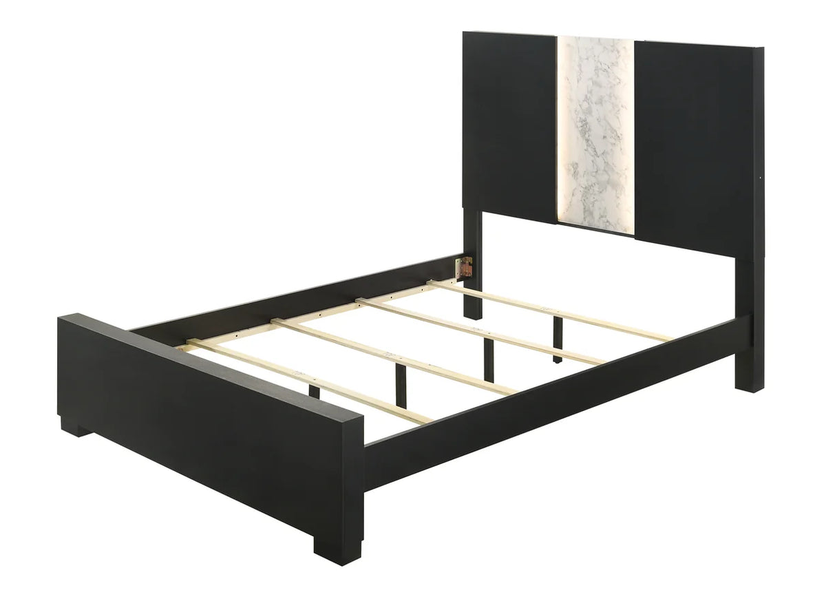 Rangley Black LED Bedroom Set with Marble-Look Accents