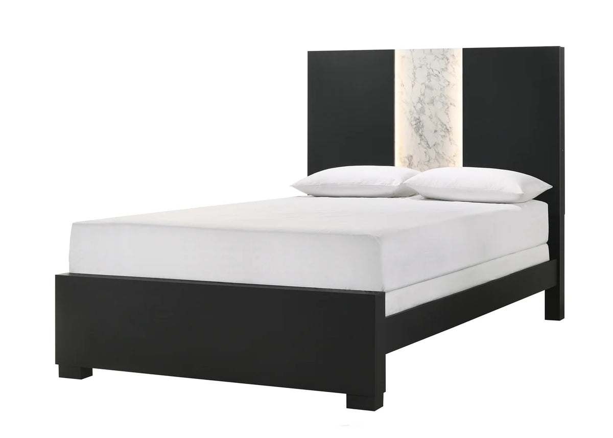 Rangley Black LED Bedroom Set with Marble-Look Accents