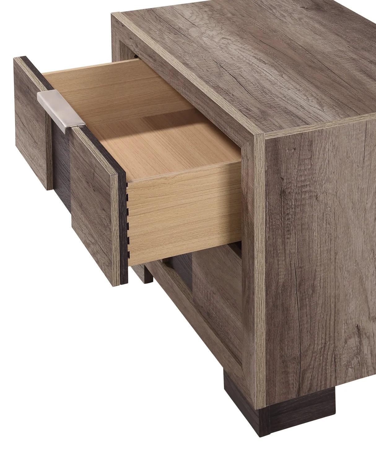 Rangley Grey Nightstand with Open Shelf Detail