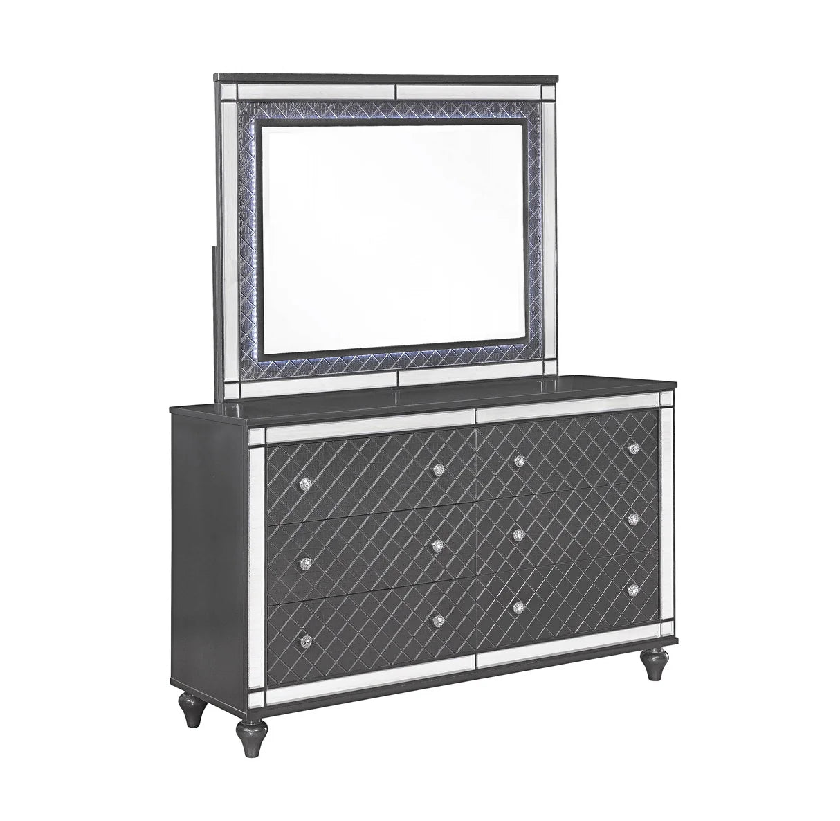 Refino Mirrored Bedroom Set with LED Tufted Headboard