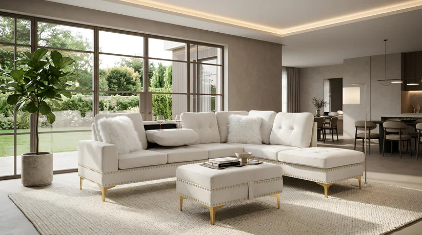 Joy II Velvet Sectional with Optional Storage Ottoman – Glam Chaise Sectional with Cupholders