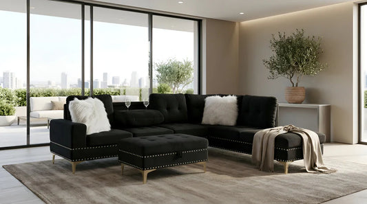 Joy II Velvet Sectional with Optional Storage Ottoman – Glam Chaise Sectional with Cupholders