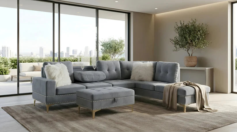 Joy II Velvet Sectional with Optional Storage Ottoman – Glam Chaise Sectional with Cupholders