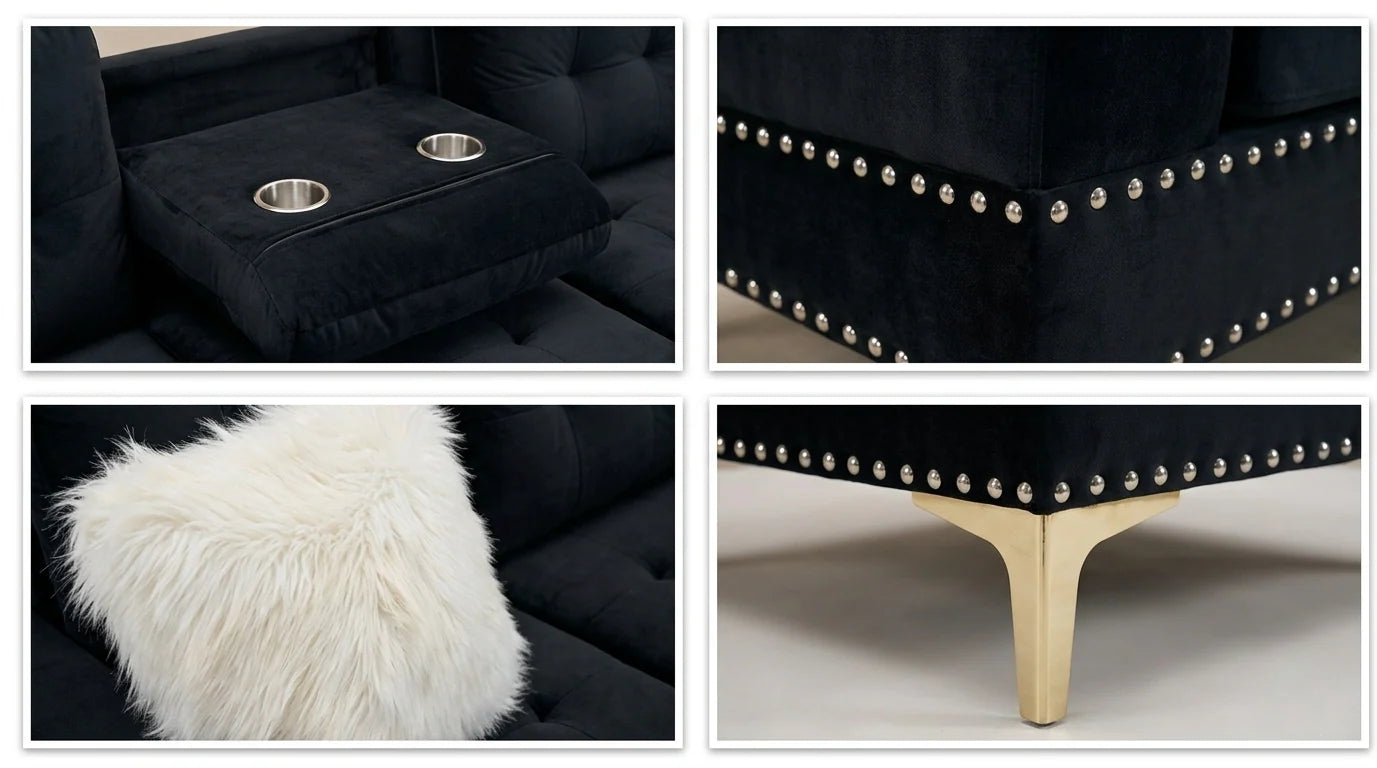 Joy II Velvet Sectional with Optional Storage Ottoman – Glam Chaise Sectional with Cupholders