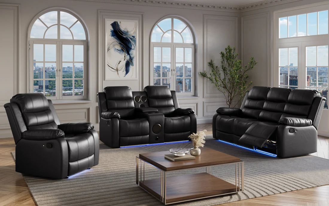 Mari Manual Reclining Sofa Set with LED Lights, Bluetooth Speakers & Storage Console