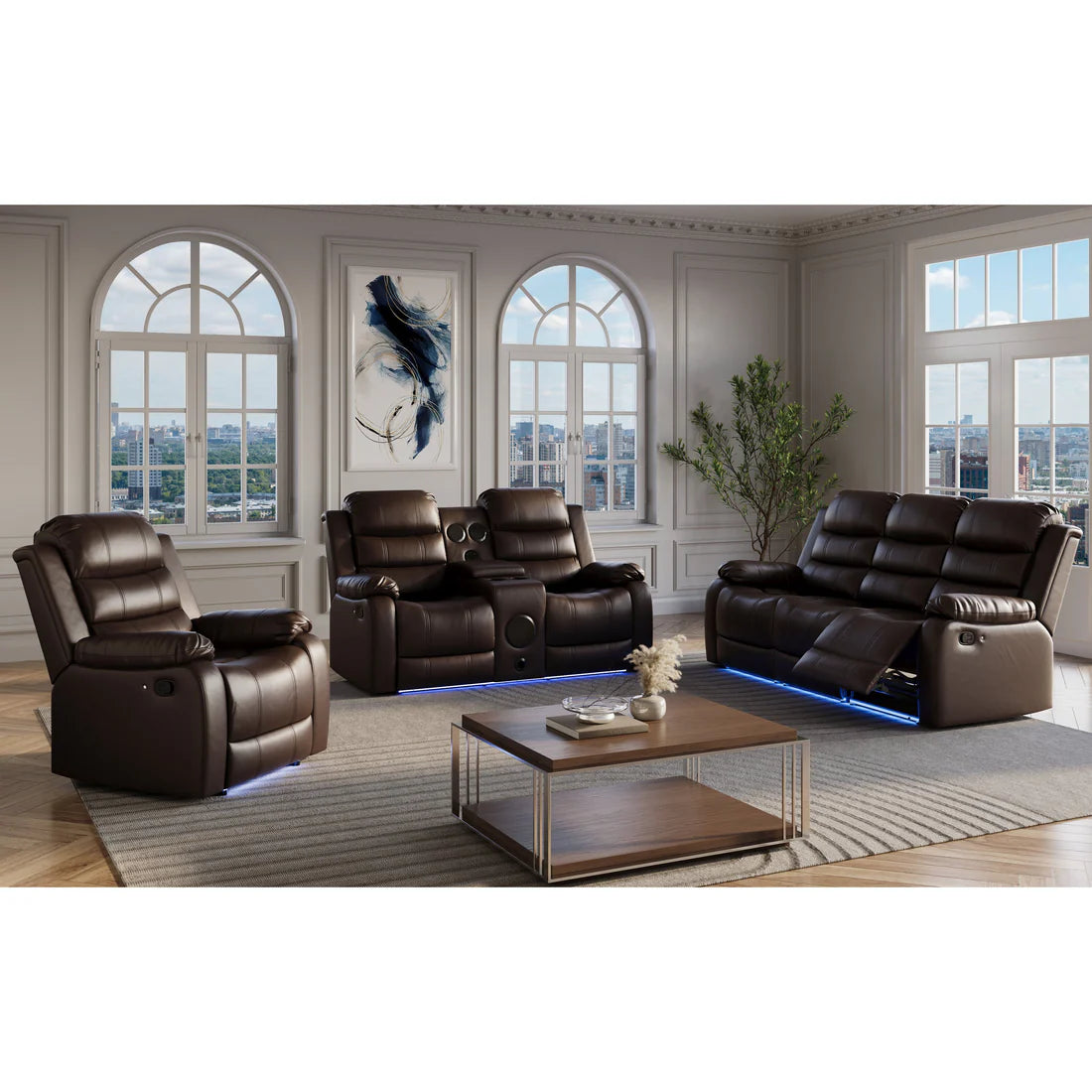 Mari Manual Reclining Sofa Set with LED Lights, Bluetooth Speakers & Storage Console