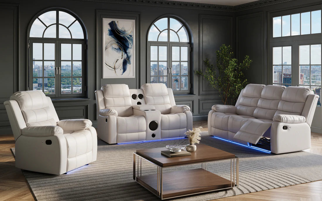 Mari Manual Reclining Sofa Set with LED Lights, Bluetooth Speakers & Storage Console