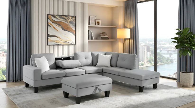 Star Sectional with Optional Storage Ottoman – Modern Chaise Sectional with Cupholders