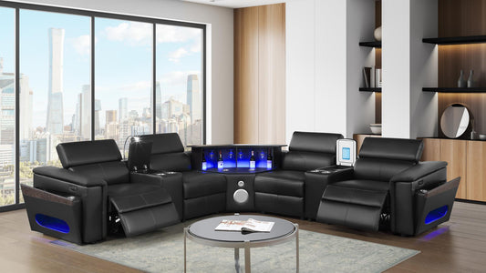 Noble Leather Power Reclining Sectional with Integrated Bar & LED Lighting
