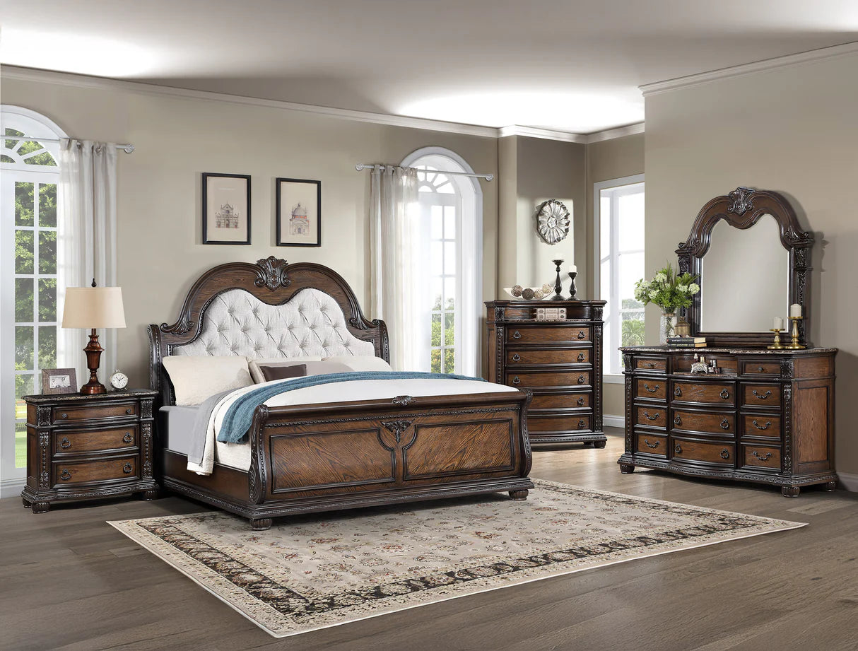 Stanley Coffee Brown Upholstered Sleigh Bed – Traditional Tufted Bedroom Collection