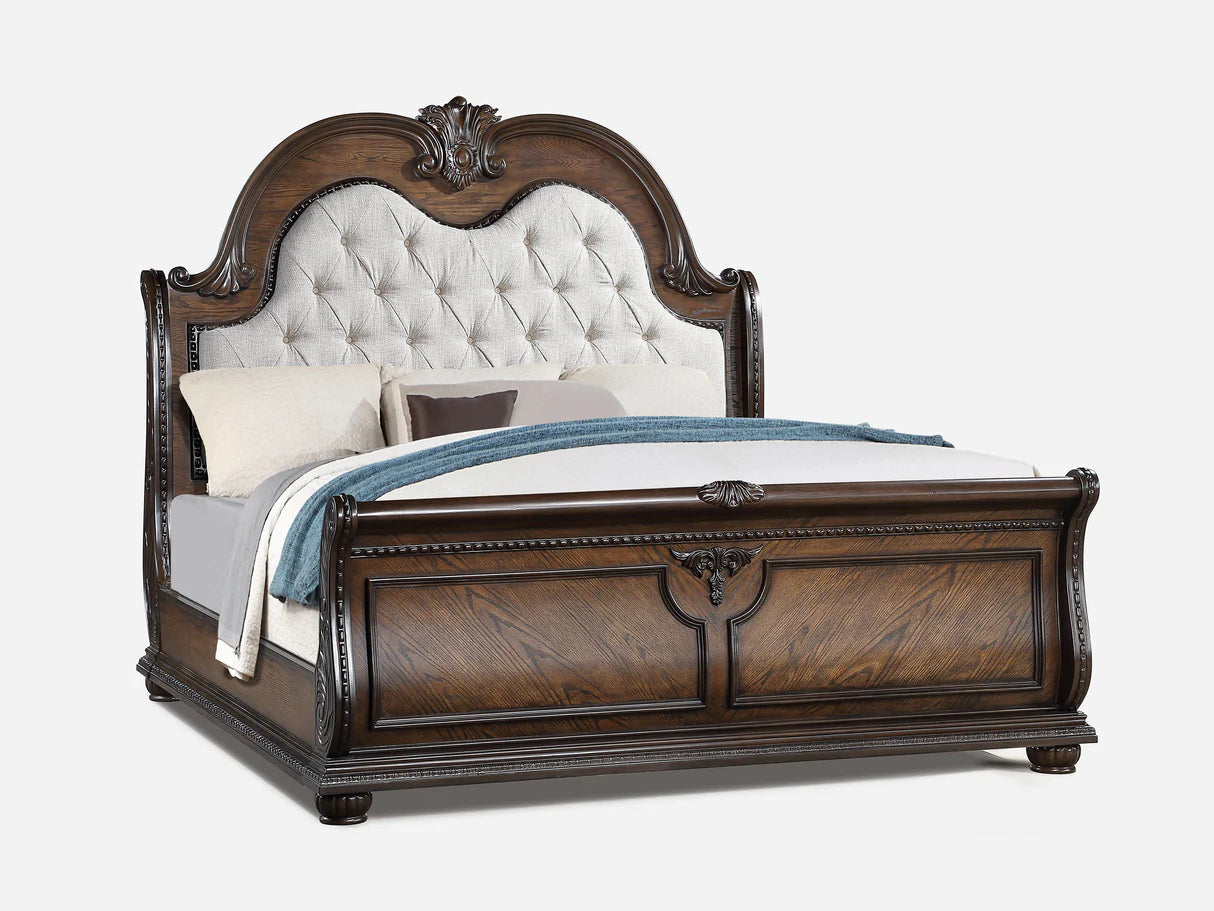 Stanley Coffee Brown Upholstered Sleigh Bed – Traditional Tufted Bedroom Collection