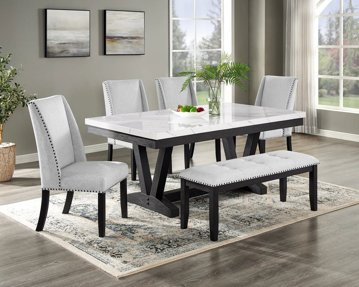 Varley Marble-Look Trestle Dining Set with Upholstered Chairs
