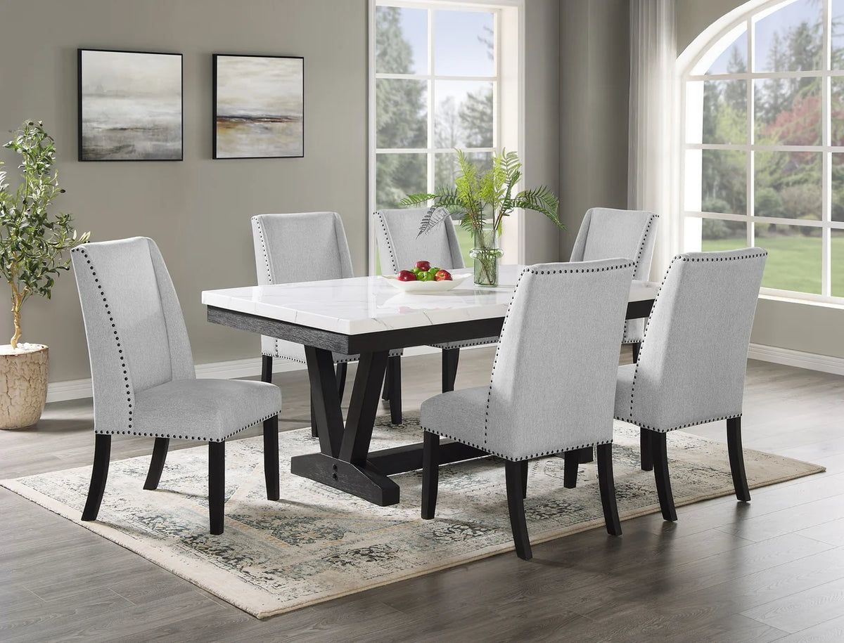 Varley Marble-Look Trestle Dining Set with Upholstered Chairs