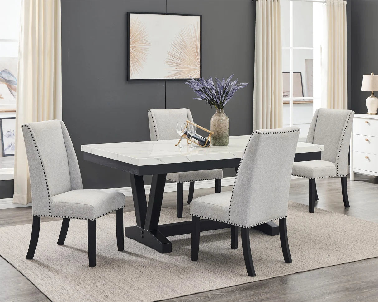 Varley Marble-Look Trestle Dining Set with Upholstered Chairs